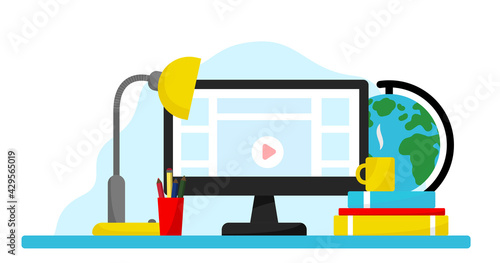 The concept of a workplace with a computer. The student's home place. Learning at home. books, a globe, a lamp. Vector illustration of a flat