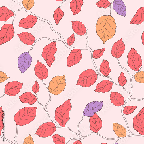 Hand drawn branches with pink  orange and purple leaves on a light background. Seamless floral summer pattern. Suitable for textile  wallpaper.