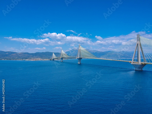 Aerial view of Rio Antirrio or Charilaos Trikoupis Bridge near Patra City  Greece