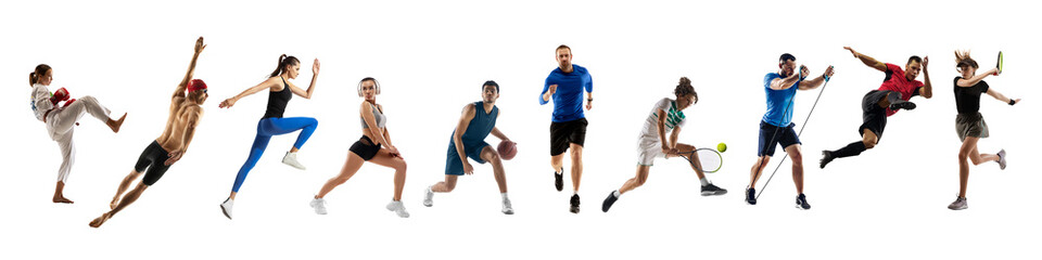 Collage of different professional sportsmen, fit people in action and motion isolated on white background. Flyer.