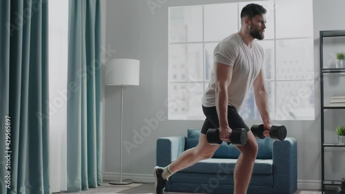 Successful businessman with beard practices reverse lunges