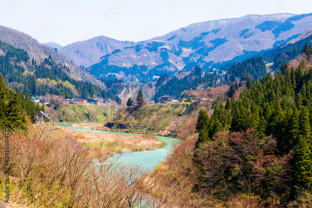 View of Shokawa river with Japan Alps mountain in Toyama prefecture, Japan.