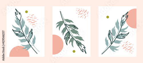 Set of minimalist hand drawn vector illustrations for wall decoration  postcard or brochure cover design and social networks. Background with geometric shapes and leaves