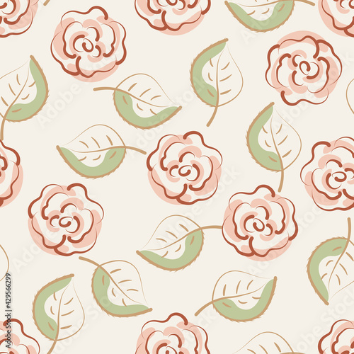 Seamless pattern with abstract decorative roses. Background in calm pastel colors. Flat vector illustration