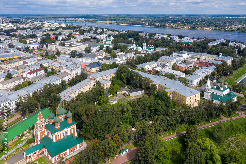 Aerial view of historical part of Yaroslavl town and Volga river on sunny summer day. Yaroslavl Oblast, Russia..