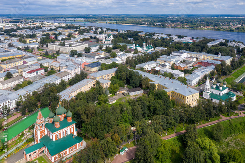 Aerial view of historical part of Yaroslavl town and Volga river on sunny summer day. Yaroslavl Oblast, Russia.. © Kirill