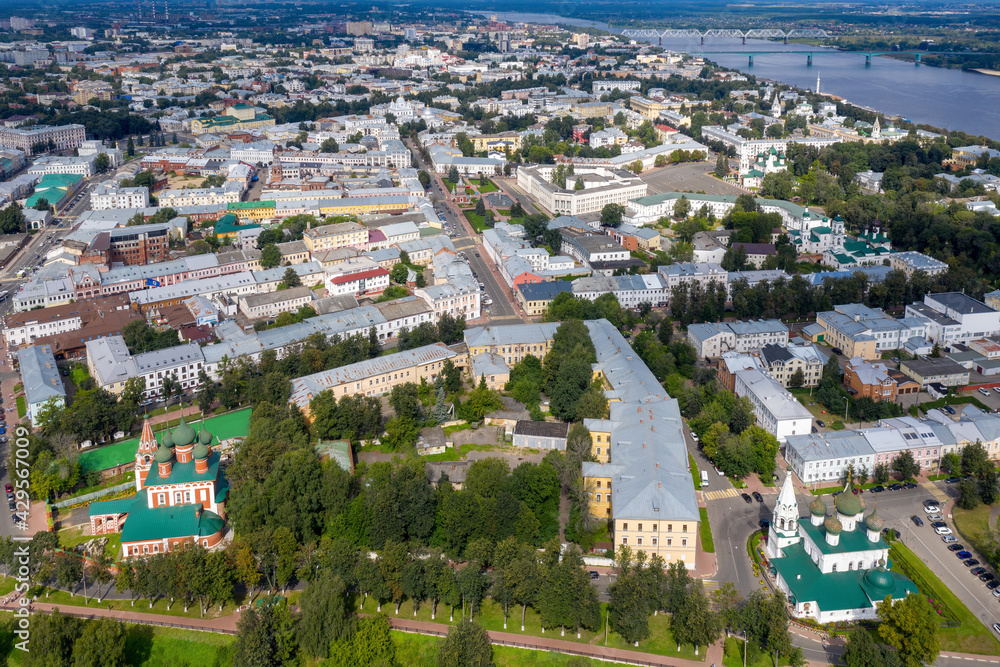 Aerial view of Yaroslavl town on sunny summer day. Yaroslavl Oblast, Russia.