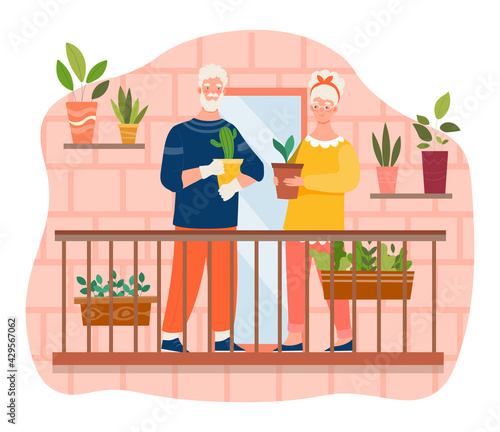 Elderly couple is enjoying growing plants at home