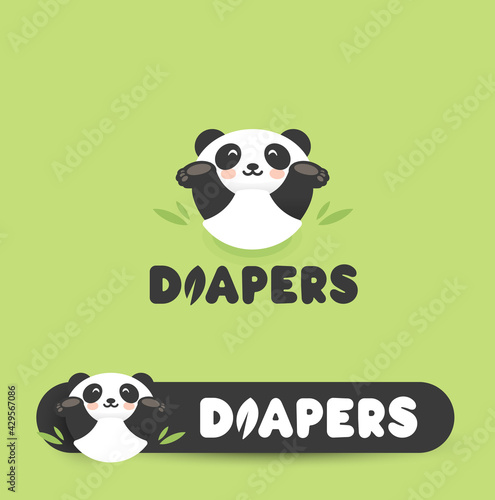 Funny Panda in diapers, flat cartoon style vector logo concept. Chinese bear have fun isolated icon. Panda Baby relax in bamboo nest logotype template for baby goods, entertainment room for children.