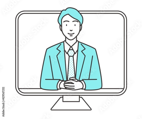 パソコン越しのスーツの男性のイラストカット カスタマーサービス Web面接 ベクター