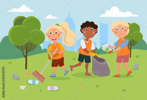 Little kids are cleaning up park from litter together