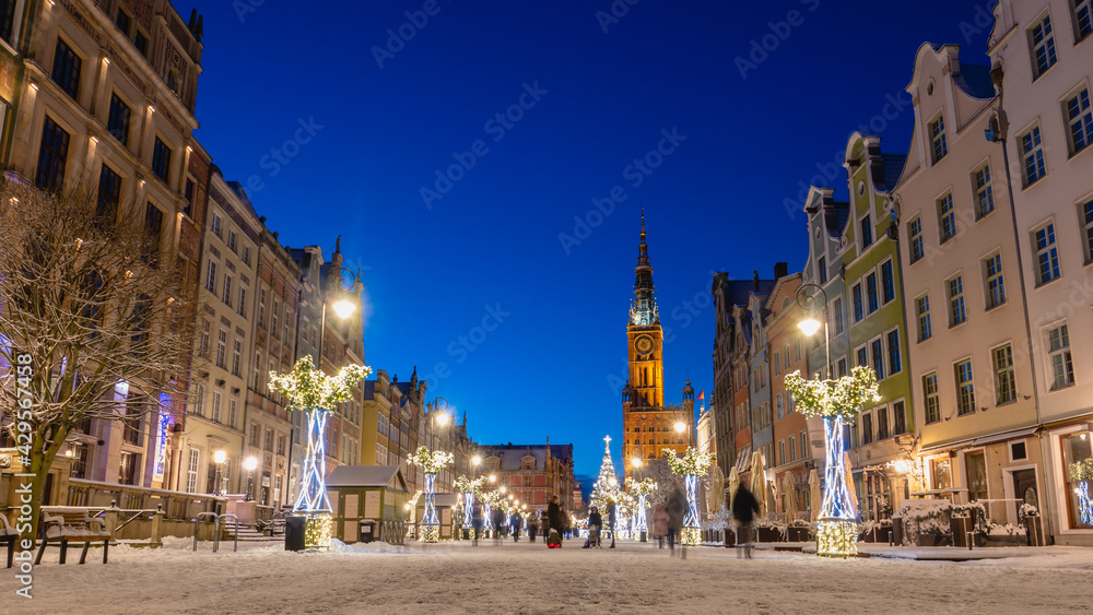 City hall in Gdansk Poland Europe. Winter night scenery.