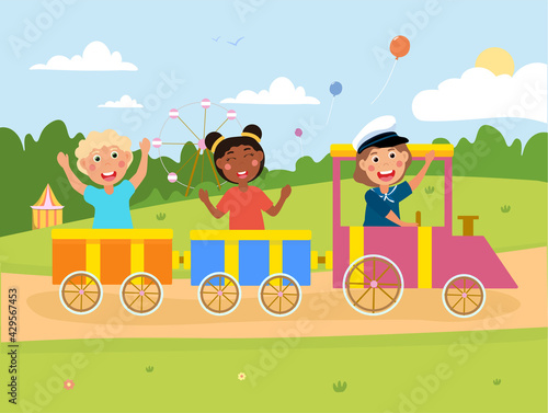 Happy little children are riding the train together