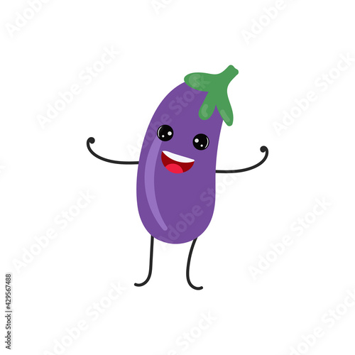 Cartoon eggplant with cute face. Illustration with funny and healthy food. Isolated on white background. Vegan concept