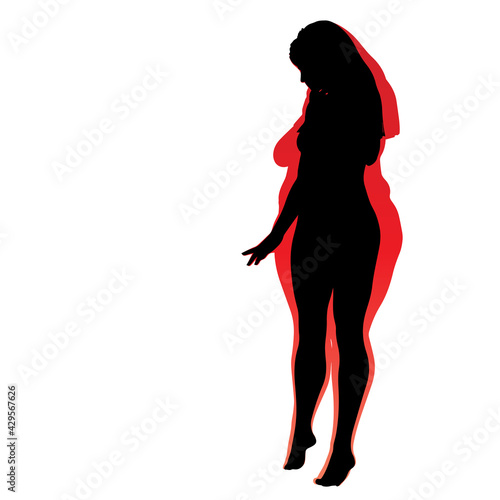 Vector conceptual fat overweight obese female vs slim fit healthy body after weight loss or diet with muscles thin young woman isolated. Fitness, nutrition or fatness obesity, health silhouette shape