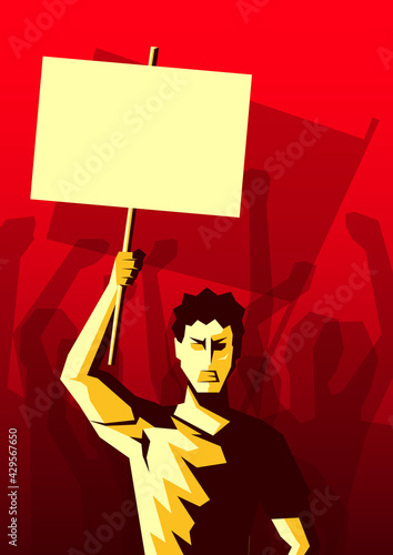 Angry man raised up placard with copy space, and silhouette of crowd of people hands raised in the air on the background. Revolution, political protest. Vector