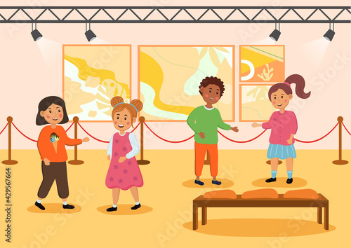Little cute children on excursion in museum together
