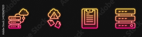 Set line Server, Data report, Network cloud connection, Cloud hacking and Data, Web Hosting. Glowing neon icon. Vector