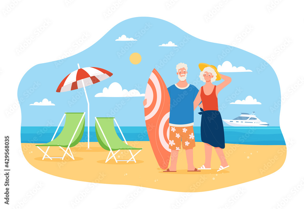 Happy and active elderly couple is spending time on the beach together