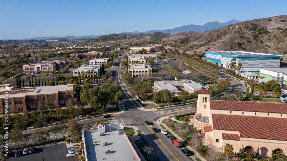 Daytime aerial view of the downtown skyline of Ladera Ranch, California, USA.