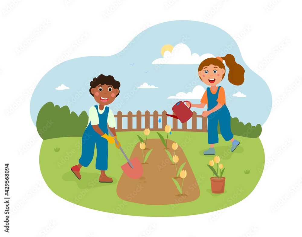 Fototapeta premium Cute little kids working in the garden together