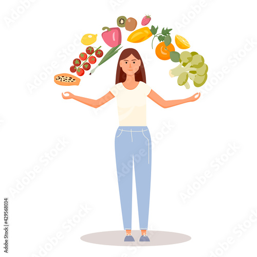 Young attractive vegetarian woman and vegetables and fruits around her. The concept of choosing a healthy and balanced diet. Vector flat illustration