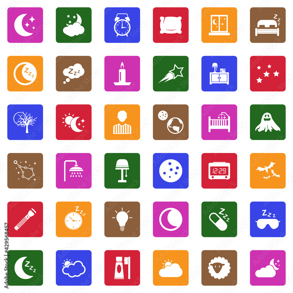 Night Icons. White Flat Design In Square. Vector Illustration. Night Icons. White Flat Design In Square. Vector Illustration.