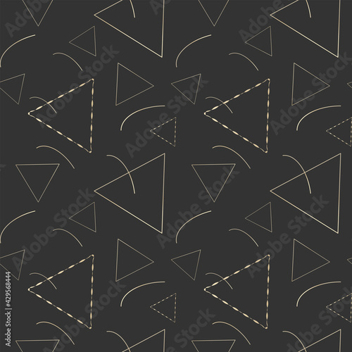Golden triangles and arcs seamless vector pattern. Black and yellow, gold geometric doodle style background.