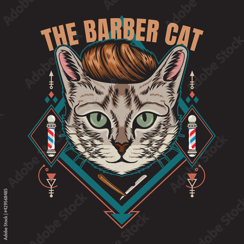Barbershop cat tshirt design vector illustration style