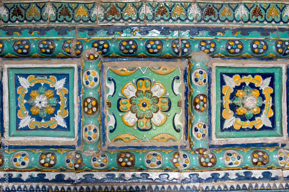 Medieval glazed tiles of Elijah the Prophet church. Yaroslavl, Yaroslavl Oblast, Russia..