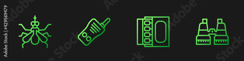 Set line Matchbox and matches, Mosquito, Walkie talkie and Binoculars. Gradient color icons. Vector