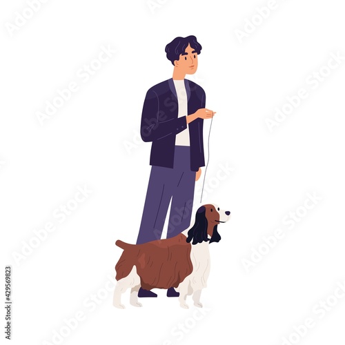 Smiling pet owner standing with his small shaggy dog on leash. Man and doggy of Springer Spaniel breed. Colored flat vector illustration of man and cute puppy isolated on white background