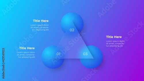 Glassmorphism triangle infographic concept with 3d geometric shapes. Frosted glass effect. Illustration on blurred gradient vector background