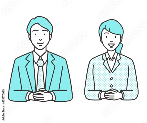 手を組んで座っているスーツの男女のイラストカット ベクター