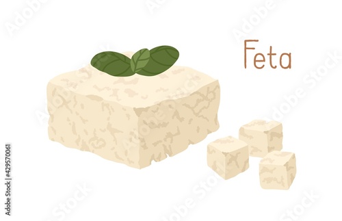 Greek soft curd cheese with green leaves. Piece and cubes of Feta chees. Crumbly dairy product. Colored flat vector illustration of delicatessen food isolated on white background