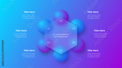 Glassmorphism hexagon infographic concept with 3d geometric shapes. Frosted glass effect. Illustration on blurred gradient vector background