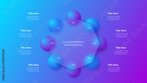 Glassmorphism octagon infographic concept with 3d geometric shapes. Frosted glass effect. Illustration on blurred gradient vector background