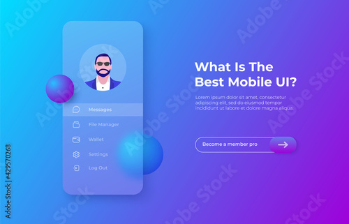 Glassmorphism mobile app concept with 3d geometric shapes. Frosted glass effect. Illustration on blurred gradient vector background
