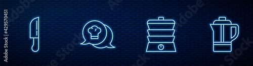 Set line Slow cooker, Knife, Chef hat in speech bubble and Teapot. Glowing neon icon on brick wall. Vector