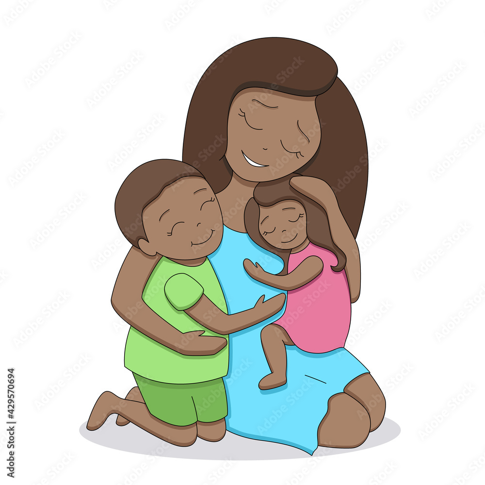 Afro American black skin family, loving tender mother with two cute happy children, teenage boy and little girl, hugging each other, isolated on white background, editable strokes, vector illustration Afro American black skin family, loving tender mother with two cute happy children, teenage boy and little girl, hugging each other, isolated on white background, editable strokes, vector illustration