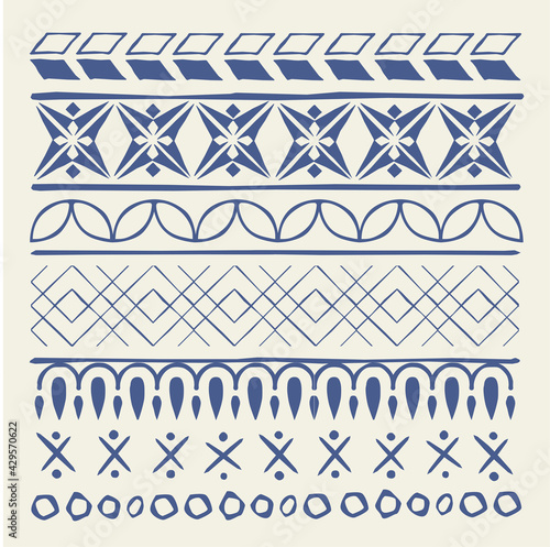 Nordic folk navy blue ornamental borders with textured natural lines and hand made effect of traditional craft. Perfect for cozy home decor in Hygge style, ethnic, fairy tale, viking culture designs.