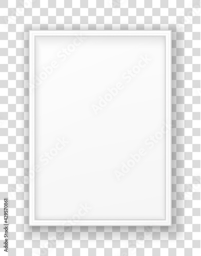 Mockup white frame photo on wall. Mock up picture framed. Horizontal boarder with shadow. Empty photoframe isolated on transparent background. Design border prints poster and painting image. Vector