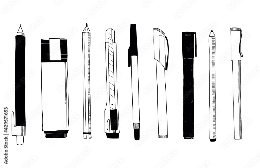 Vector illustration of stationery - pen; pencil; marker. Hand drawn doodle. Outline sketch.