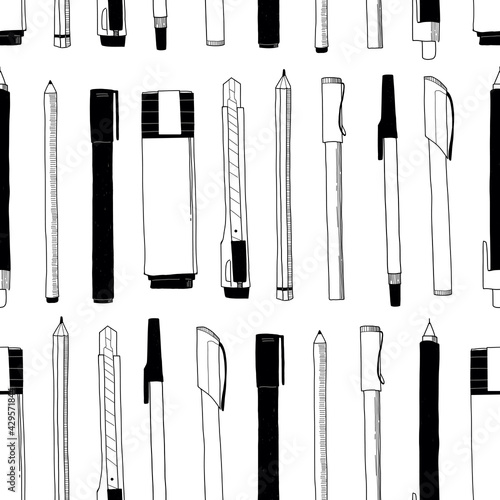 Seamless pattern. Vector illustration of stationery - pen; pencil; marker. Hand drawn doodle. Outline sketch.