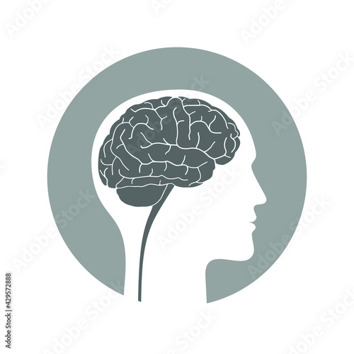 Silhouette human with brain. Profile man with brain sign in the circle isolated on white background. Reasonable man. Vector illustration