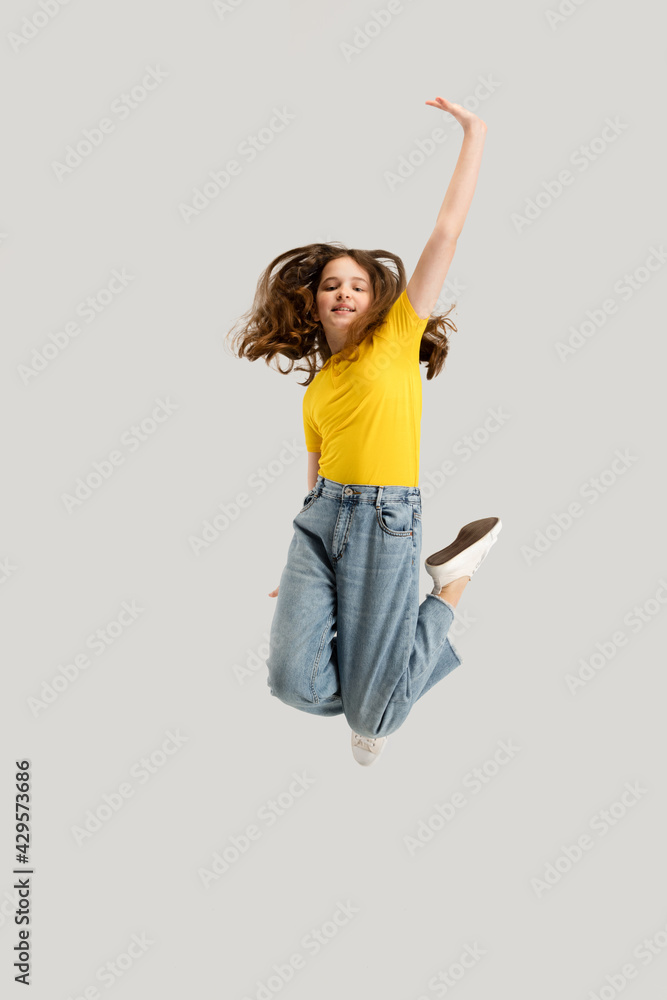 Caucasian girl isolated on white studio background. Copyspace. Childhood, education, emotions concept Caucasian girl isolated on white studio background. Copyspace. Childhood, education, emotions concept