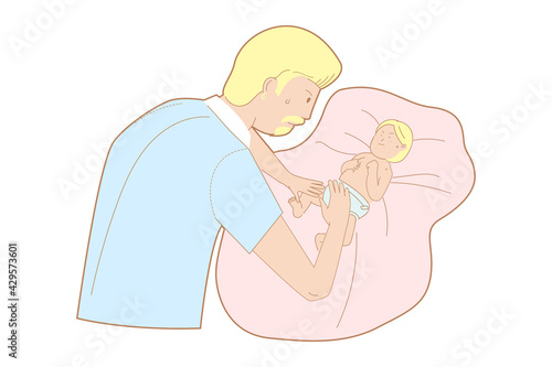 Father and his child in activity, sense of tenderness of children development, father try to change kid diaper himself