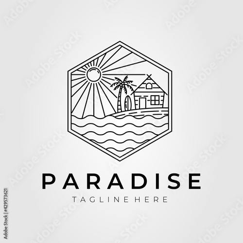 paradise surfing logo. ocean, summer, beach, sunburst logo template vector illustration design