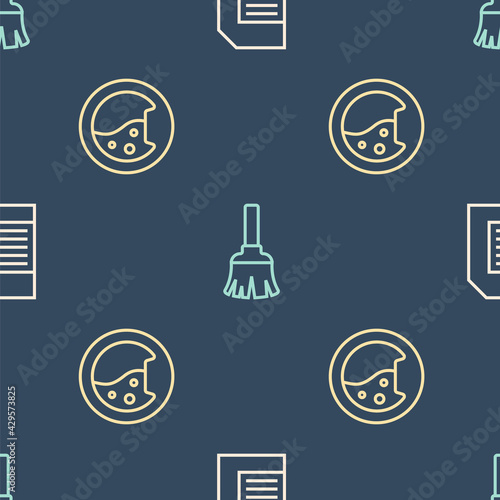 Set line Laundry detergent, Washer and Feather broom on seamless pattern. Vector