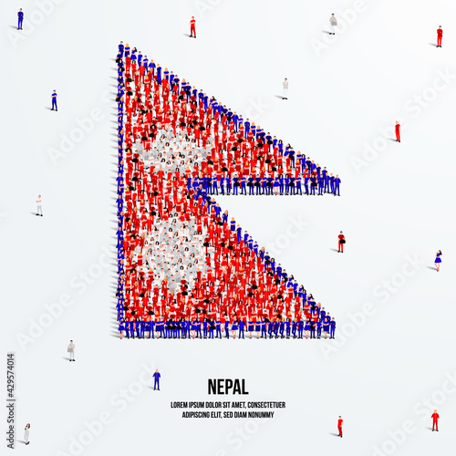 Nepal Flag. A large group of people form to create the shape of the Nepali flag. Vector Illustration.